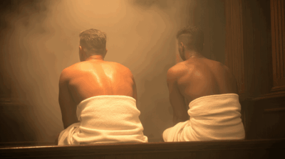 Zwei Männer mit Handtuch sitzen nebeneinander in einer dampfenden Sauna, von hinten gesehen
