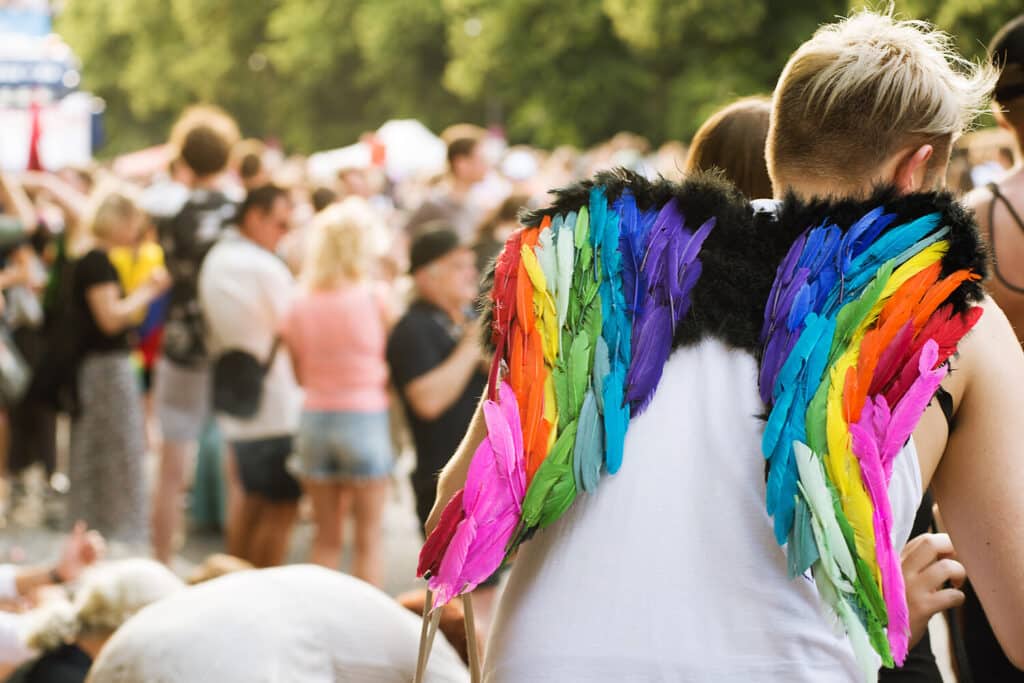 Person with colourful rainbow wings stands in a crowd at CSD.