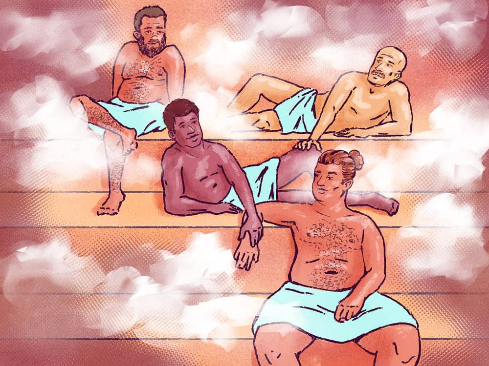 Illustration depicting the history of the gay sauna, featuring several men in a stylised sauna setting