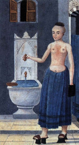 Historical illustration of a tellak in a hammam