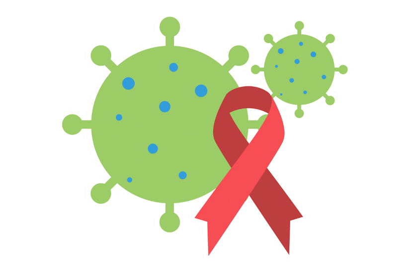 Illustration mit roter Aids-Schleife vor stilisierten Viruspartikeln.