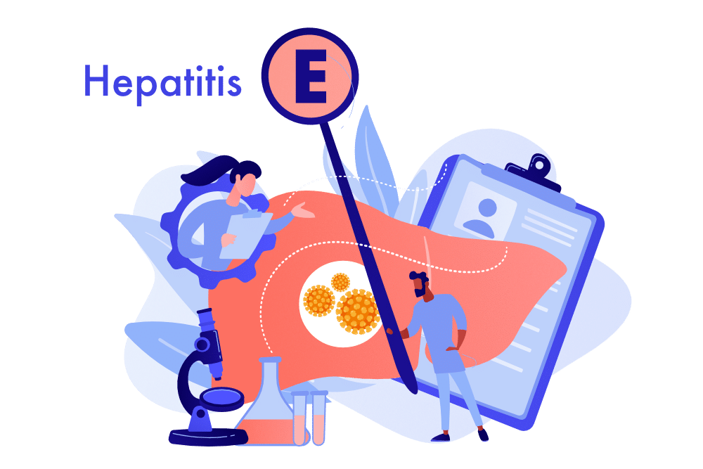 Illustration zu Hepatitis E mit Leber, Virusdarstellung und medizinischem Personal