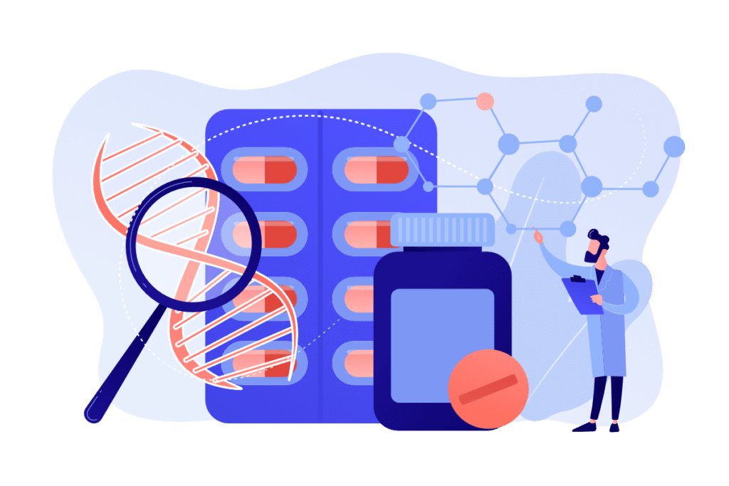 Illustration zur HIV-Forschung mit Medikamenten und wissenschaftlicher Untersuchung