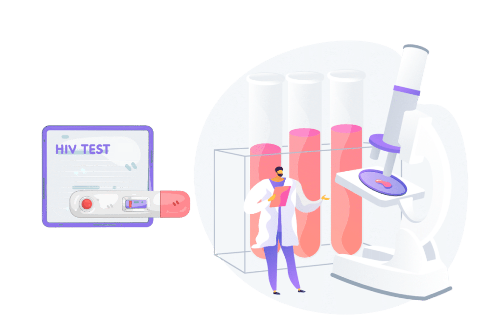 Illustration verschiedener HIV-Testarten mit Schnelltest, Laborröhrchen und Mikroskop