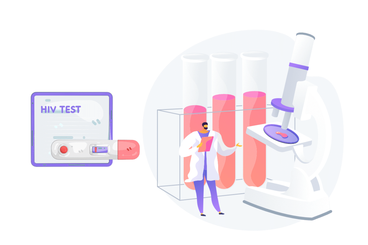 Illustration verschiedener HIV-Testarten mit Schnelltest, Laborröhrchen und Mikroskop