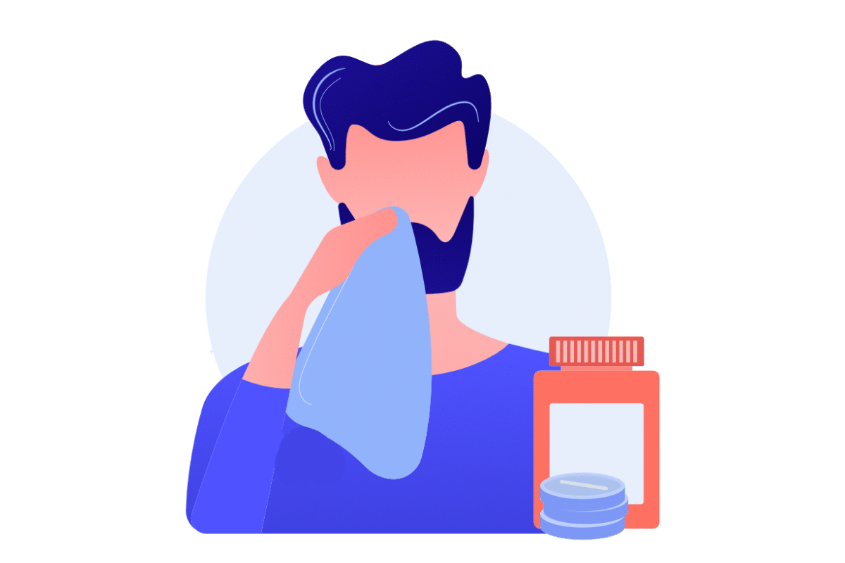 Illustration of a person with general physical ailments and medication