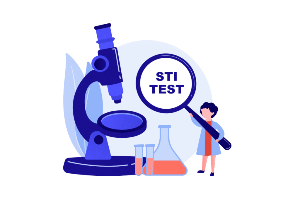 Illustration showing STI tests using a microscope, laboratory samples and a medical examination