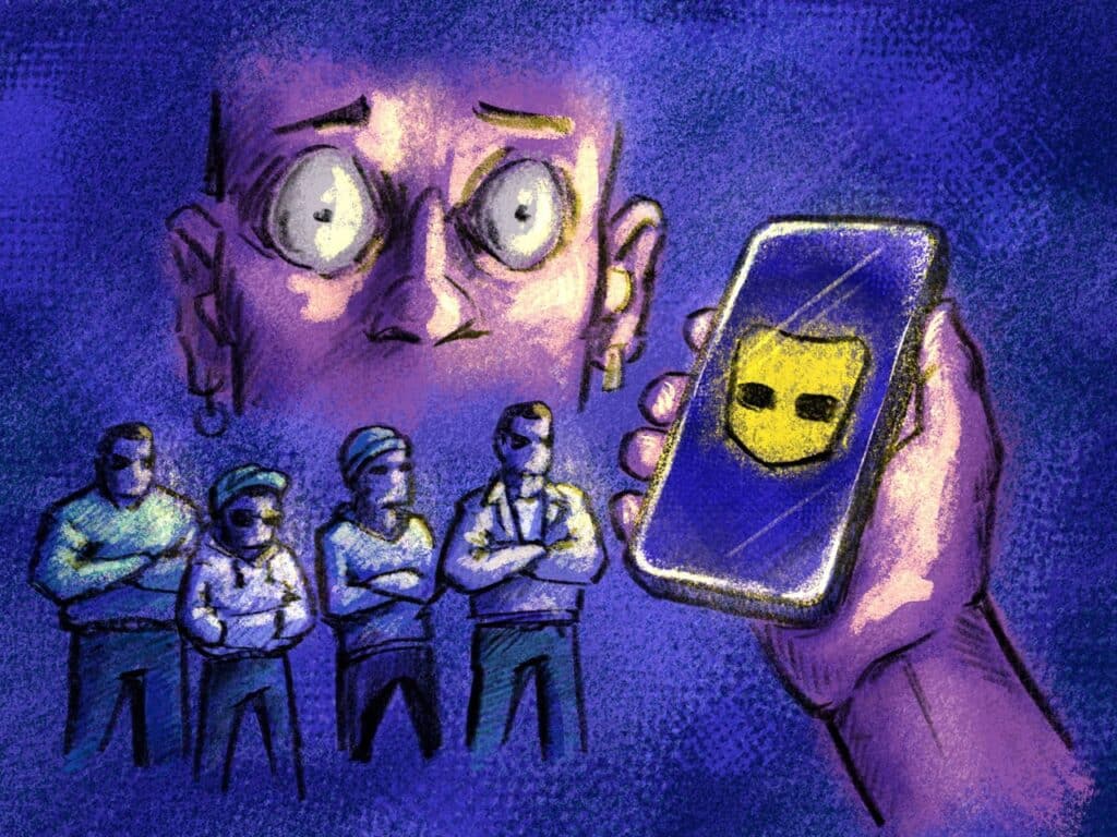 Illustration eines verängstigten Mannes mit Smartphone und Grindr-Symbol. Im Hintergrund stehen vier bedrohlich wirkende Männer.