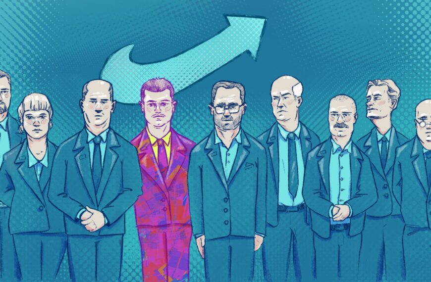 Eine Gruppe von AfD-Politiker*innen. Alle tragen blaue Anzüge, außer eine Person, die einen pink-lila Anzug trägt.