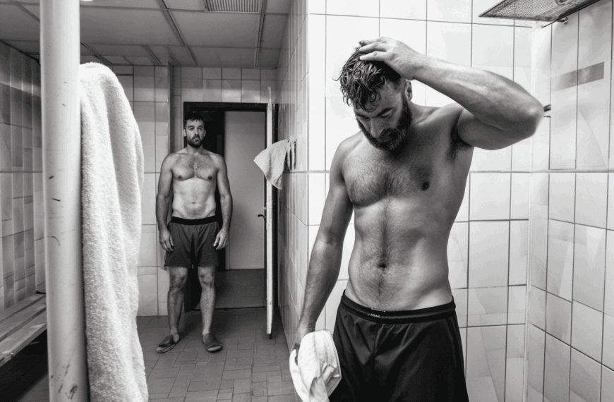 Two men in the shower of a fitness studio - one watches, the other showers