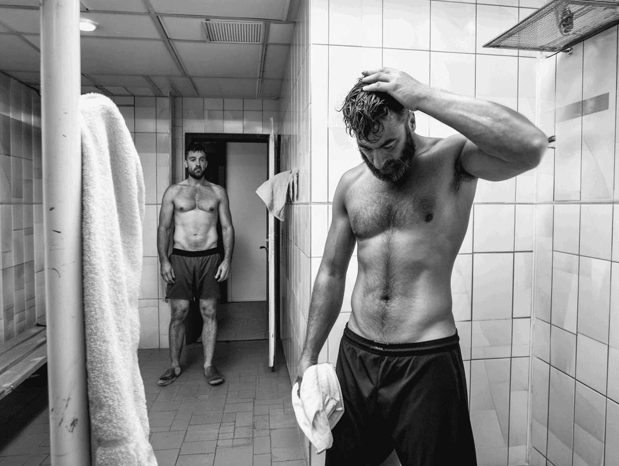 Two men in the shower of a fitness studio - one watches, the other showers