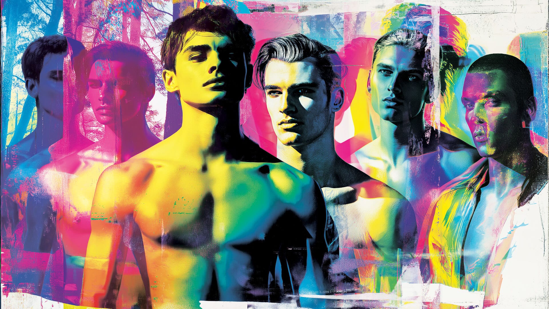Mehrere farbig verfremdete nackte Männerkörper in Pop-Art-Ästhetik – symbolisch für queeres Cruising, Begehren und Körperfreiheit im öffentlichen Raum.