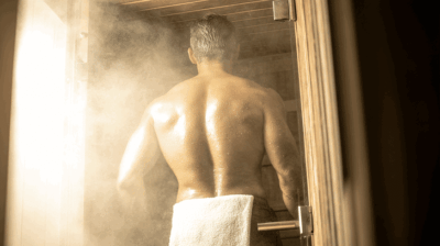 Sportlicher Mann von hinten, verlässt die dampfende Sauna, mit Handtuch um die Hüften