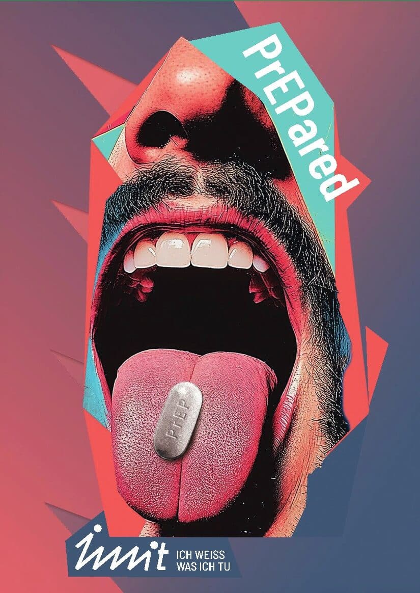 Illustration zur PrEP-Kampagne „Prepared“: offener Mund mit herausgestreckter Zunge (Postkartenmotiv)