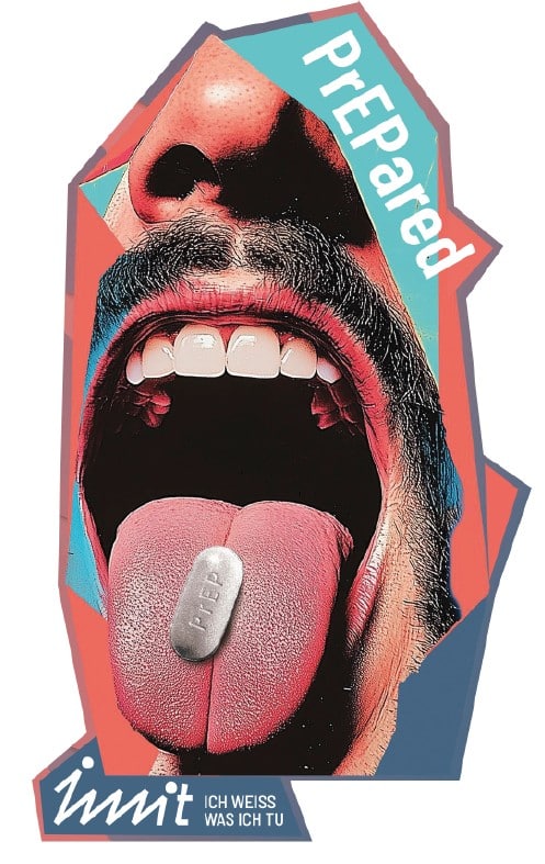 PrEP-Aufkleber mit offenem Mund und herausgestreckter Zunge als Motiv für selbstbestimmten HIV-Schutz