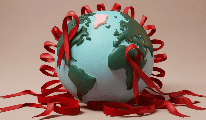 Weltkugel mit roten Aidsschleifen – Symbol für den globalen Kampf gegen HIV/Aids zum Welt-Aids-Tag