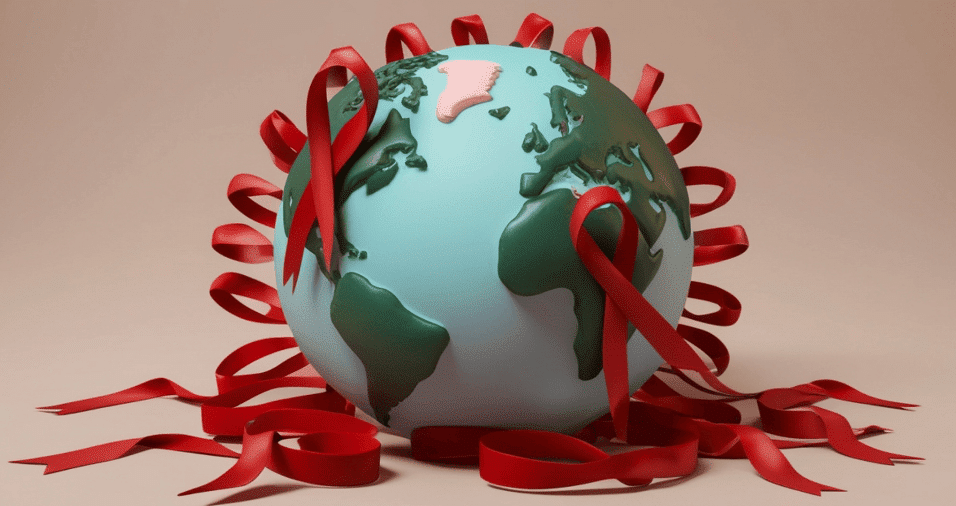 Weltkugel mit roten Aidsschleifen – Symbol für den globalen Kampf gegen HIV/Aids zum Welt-Aids-Tag