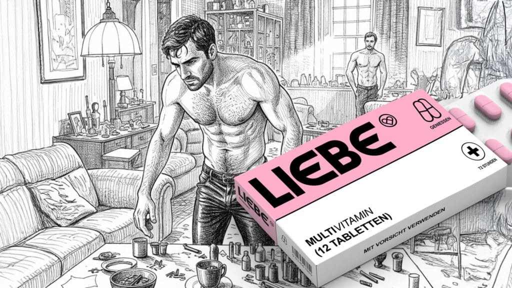 „Illustration eines Mannes in chaotischer Wohnung mit Drogenutensilien und einer Packung ‚Liebe‘ – Symbolbild für Chemsex.“