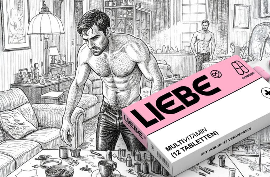 „Illustration eines Mannes in chaotischer Wohnung mit Drogenutensilien und einer Packung ‚Liebe‘ – Symbolbild für Chemsex.“