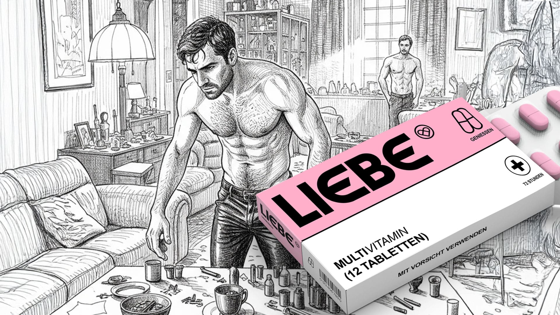 „Illustration eines Mannes in chaotischer Wohnung mit Drogenutensilien und einer Packung ‚Liebe‘ – Symbolbild für Chemsex.“