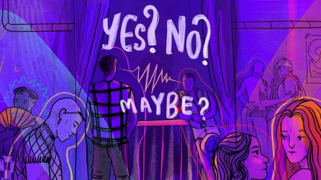 Illustration of several people in a queer club room; "Yes? No? Maybe?" - Topic: Consensual sex.