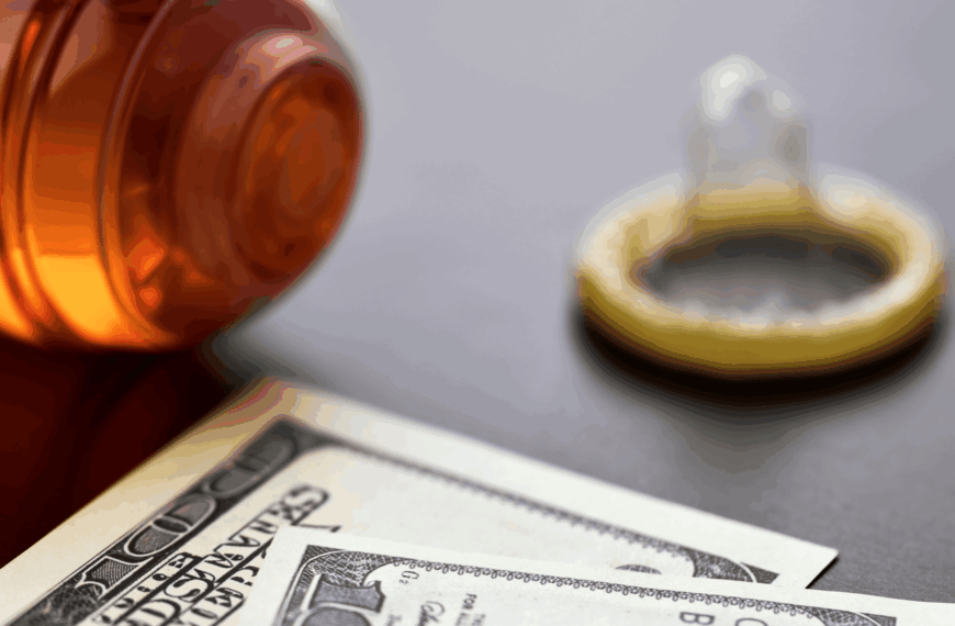 Auf einer grauen Unterlage liegen ein Kondom, zwei 100-Dollar-Noten und Gleitgel als Symboldbild für Sexarbeit.