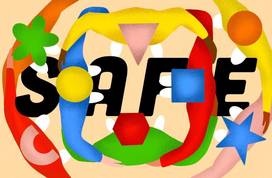 Illustration: Blick von oben auf eine bunte Gruppe von Menschen im Kreis, mit dem Schriftzug „SAFE“ in der Mitte – Symbol für queere Schutzräume.