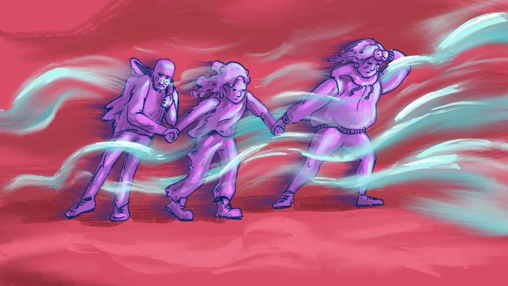 Three people hold hands and defy the headwind - symbolic image of trans hostility and self-determination.